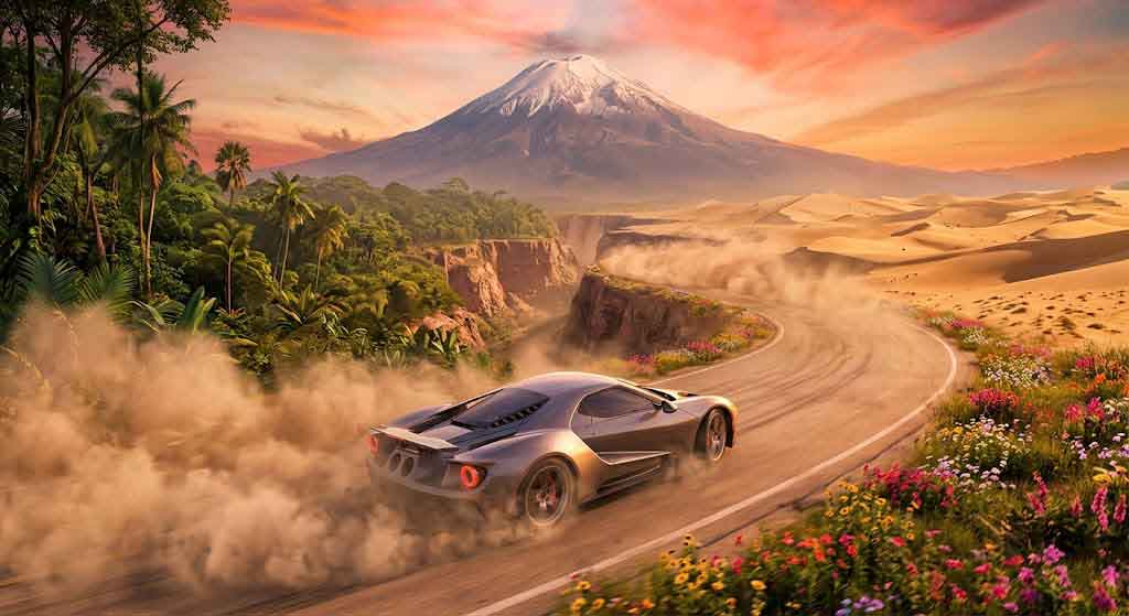 Best open world games PS5 - exotic sports car drifting through Mexican canyon landscape with volcano and jungle at sunset