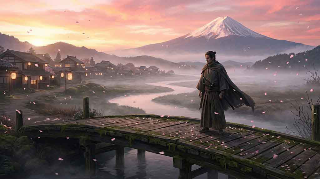 Best open world games PS5 exclusive - lone ronin samurai on misty bridge at dawn with Mount Fuji and cherry blossoms