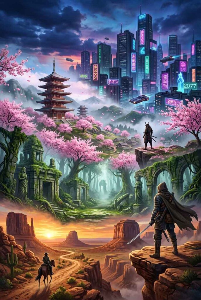 Vertical collage of cinematic open world gaming environments for PS5