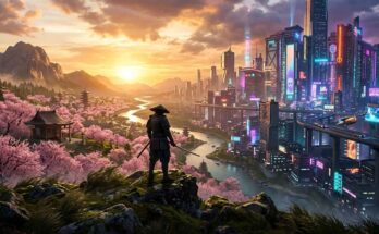 Epic cinematic open world gaming landscape featuring samurai forest and futuristic cyberpunk city on PS5