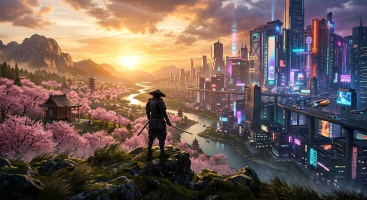 Epic cinematic open world gaming landscape featuring samurai forest and futuristic cyberpunk city on PS5