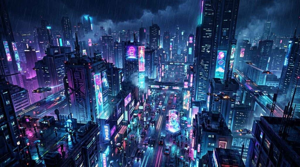 Neon futuristic cyberpunk city with flying vehicles and glowing streets