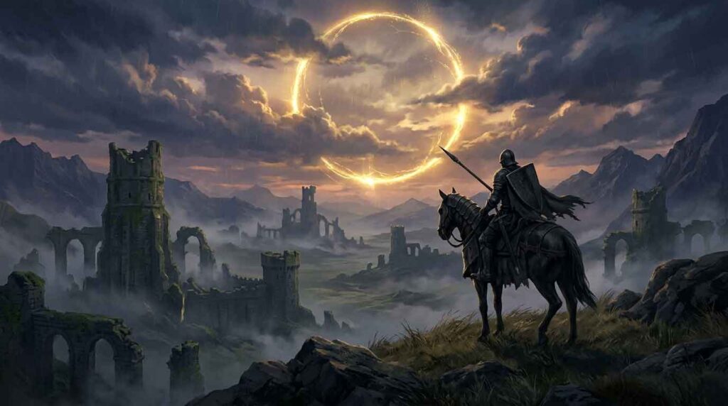 Dark fantasy knight riding through massive open world ruins inspired by Elden Ring