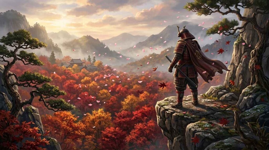 Samurai overlooking Japanese feudal forest with cherry blossoms and mountains