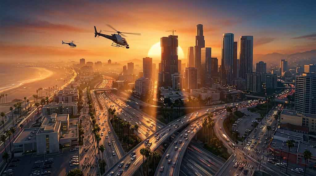 Best open world games PS5 - aerial view of Los Santos city at golden hour with skyscrapers highways and beach coastline