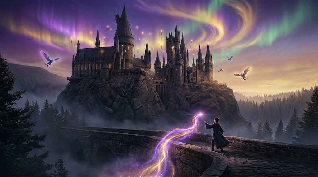 Best open world games PS5 - magical gothic castle on Scottish highlands with spell-casting wizard at twilight