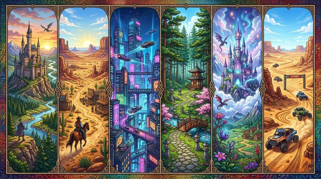 Collage of different open world gaming environments including fantasy western and cyberpunk worlds