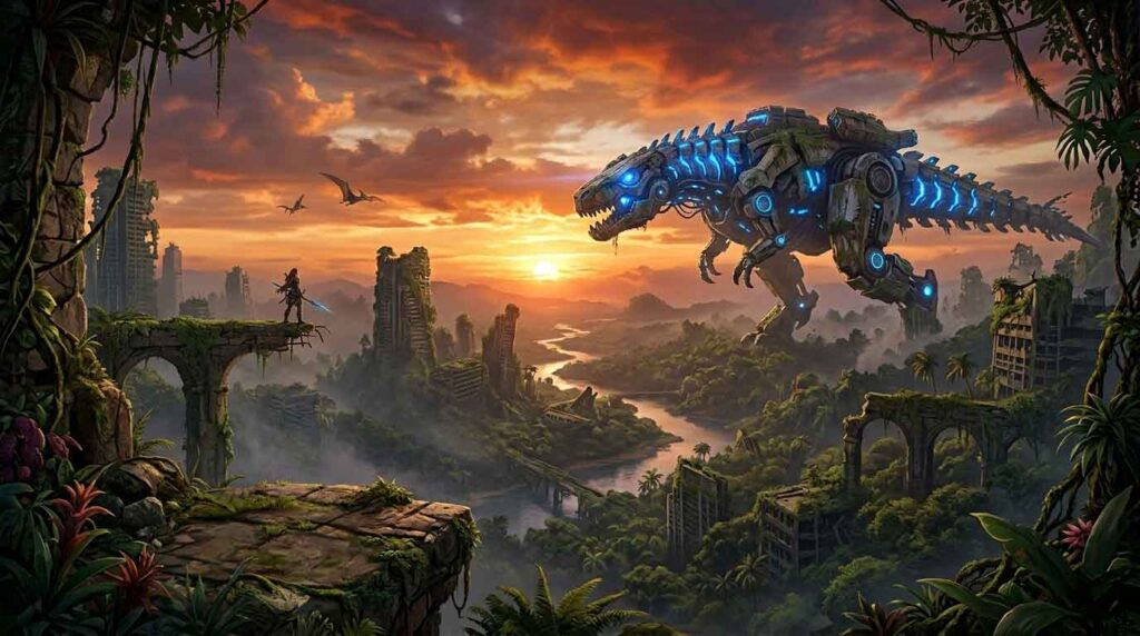 Post-apocalyptic jungle with giant robotic dinosaur and female warrior