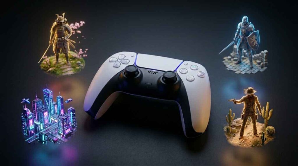 PS5 controller with holographic open world game environments floating around it