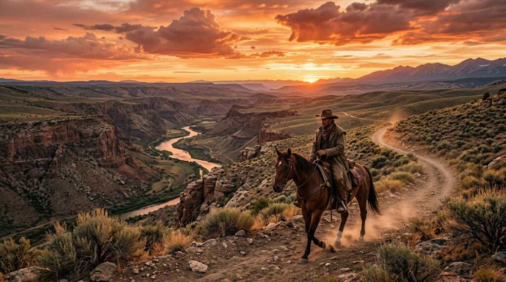 Cowboy riding through a cinematic western open world landscape at sunset