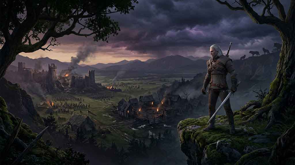 Best open world games PS5 - dark fantasy landscape with a lone witcher overlooking a medieval kingdom at dusk
