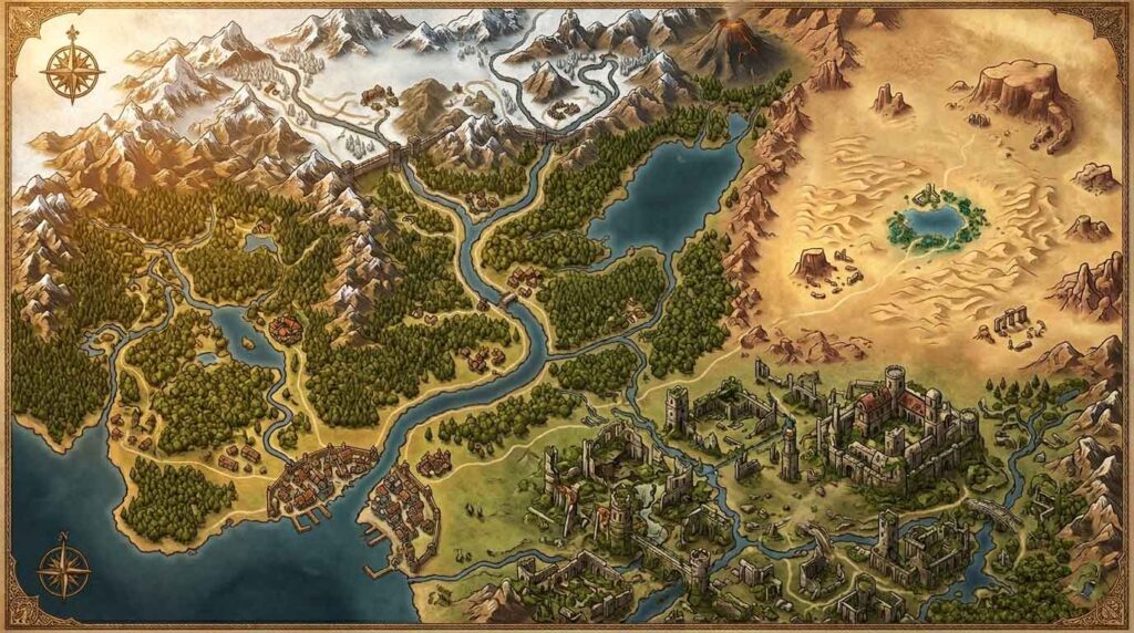 Massive open world game map with forests deserts mountains and ruins