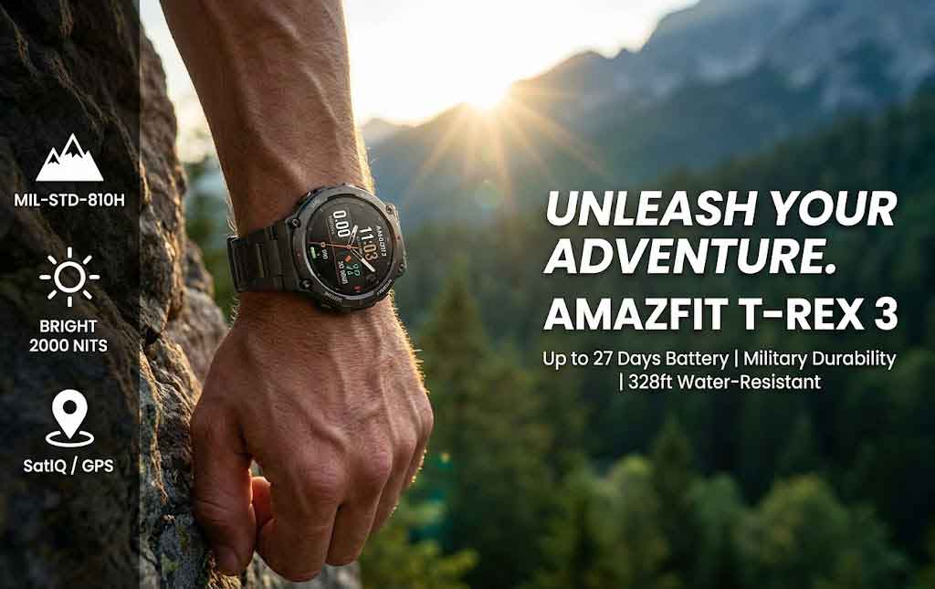 Amazfit T Rex 3 rugged military smart watch in black color with 48mm display, built-in GPS, offline maps, and 328 feet water resistance