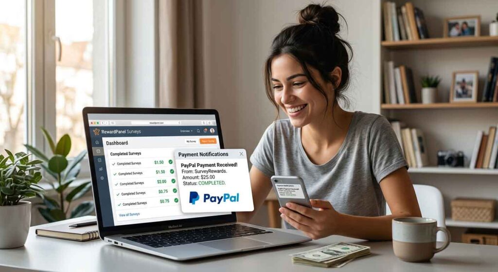 User receiving online survey earnings through PayPal.