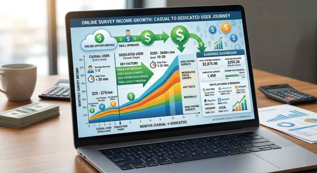 Income chart showing earnings from online surveys for cash.