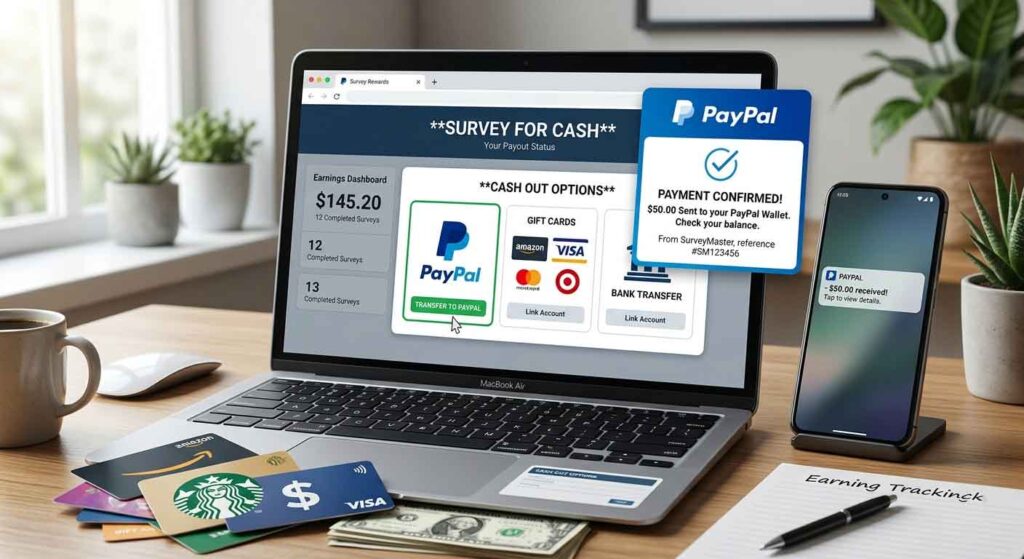 Survey payment methods including PayPal and gift cards.