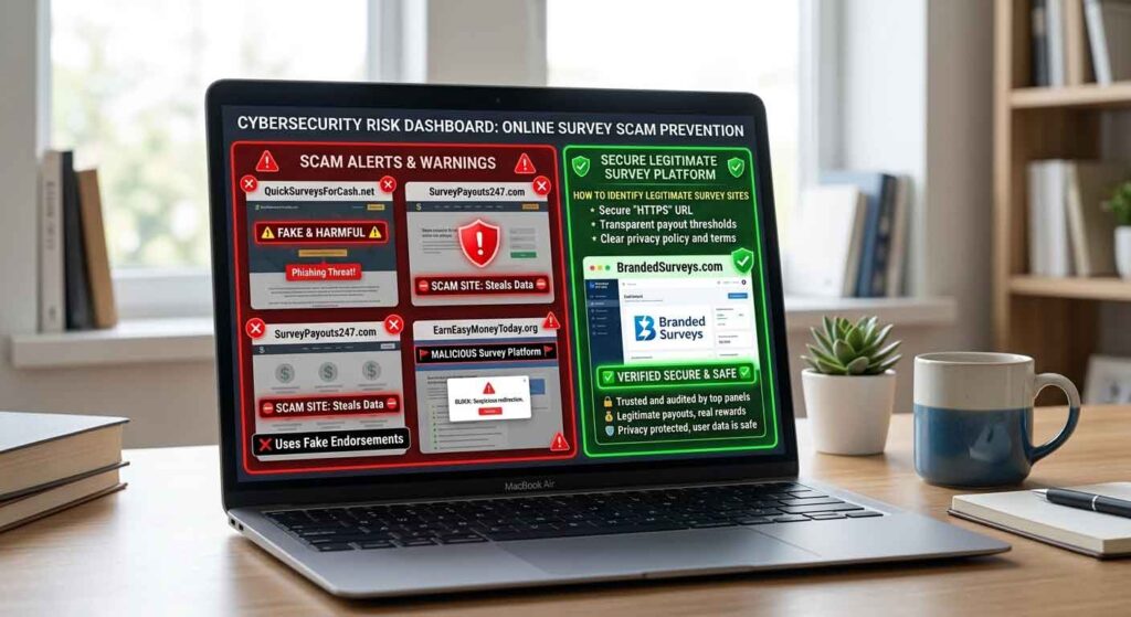 Warning signs of fake online survey websites.