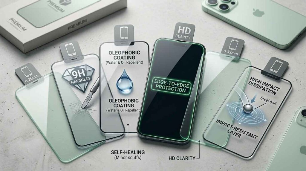 Premium tempered glass screen protector with 9H hardness rating