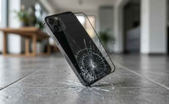Smartphone screen protected with tempered glass protector during an accidental drop