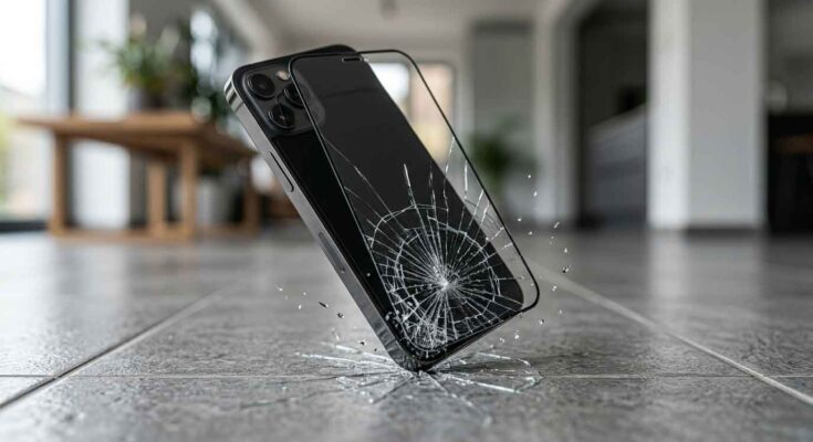 Smartphone screen protected with tempered glass protector during an accidental drop