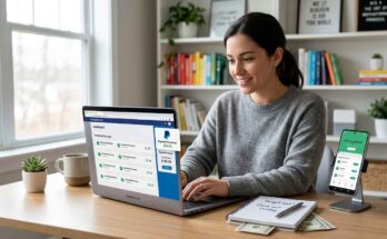 Person earning money through online surveys for cash using a laptop and smartphone at home.