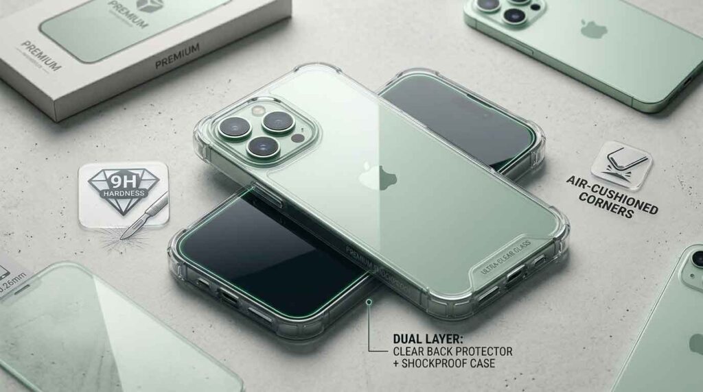 Smartphone with protected glass back and shockproof case