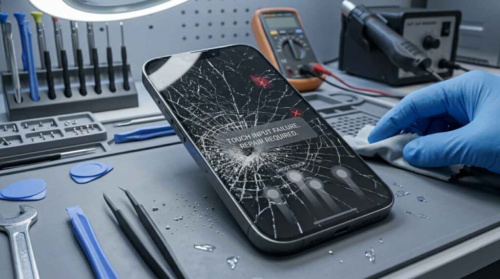 Cracked smartphone display showing severe screen damage