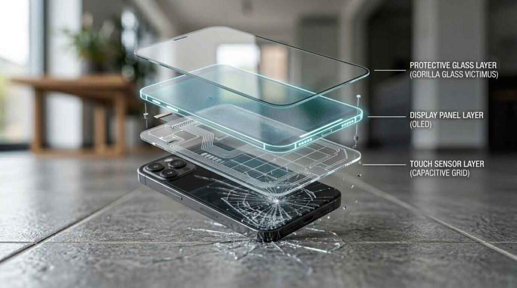 Exploded view of smartphone screen layers including protective mobile glass