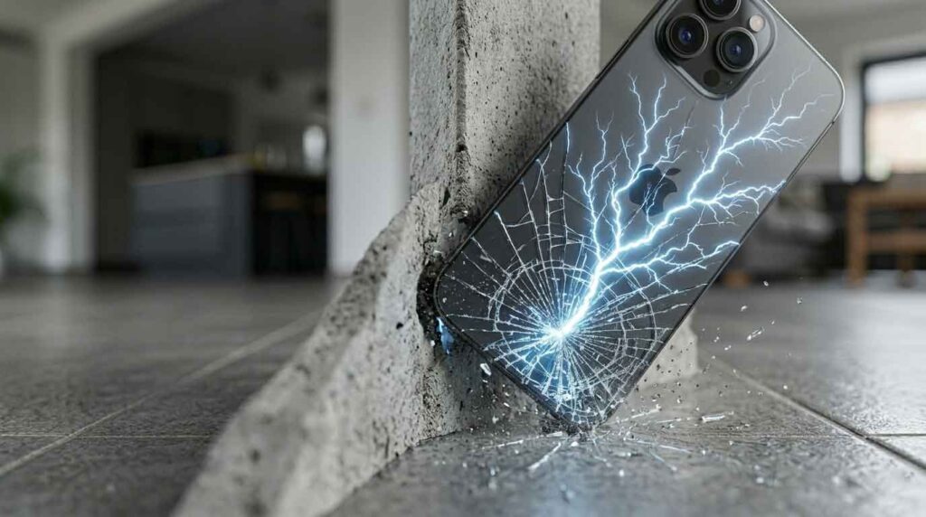 Phone screen cracking from a corner impact on concrete surface