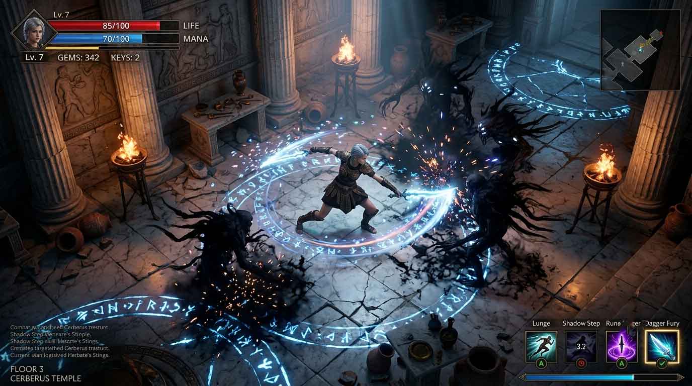 Hades II gameplay screenshot showing fast-paced roguelike combat, magical abilities, and beautiful visuals on a low-end PC.