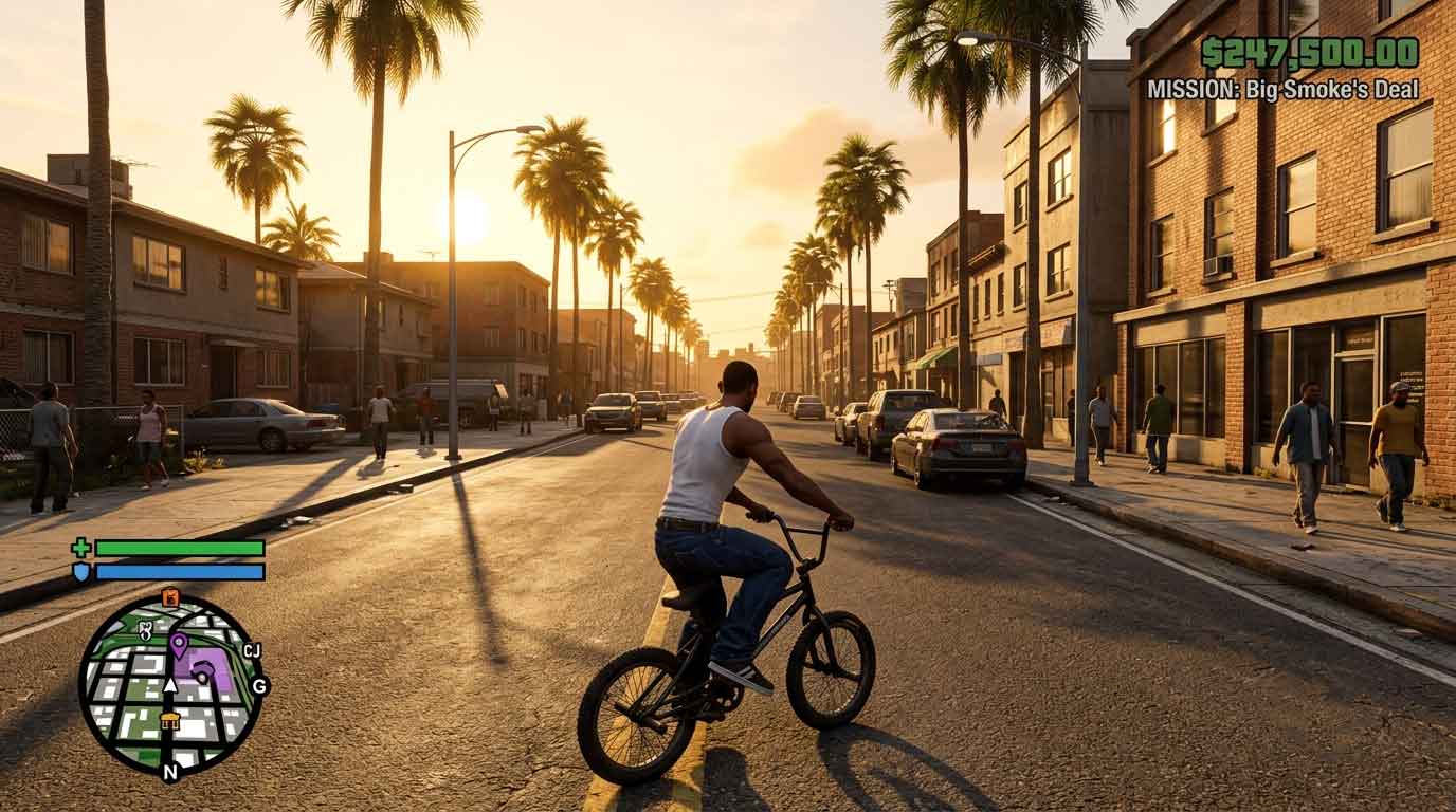 GTA San Andreas with HD texture mods gameplay screenshot showing an upgraded open-world city with enhanced graphics on a low-end PC.