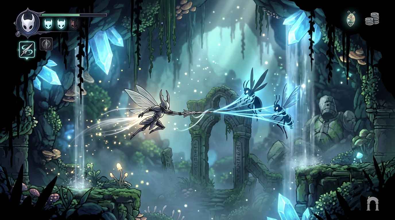 Hollow Knight: Silksong gameplay screenshot featuring hand-drawn environments, fluid platforming, and stunning visuals that run well on low-end PCs.
