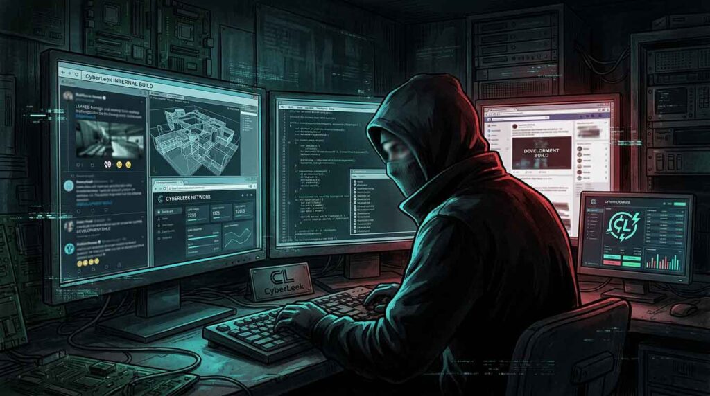 Anonymous leaker surrounded by screens in a GTA 6 leak investigation concept