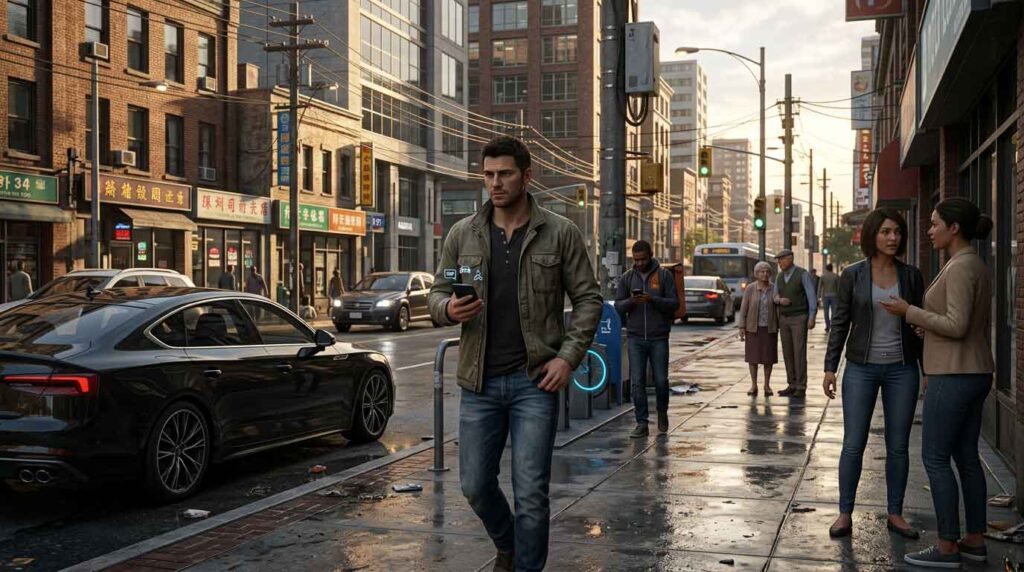 GTA 6 gameplay concept showing realistic NPCs, phone features and character interactions