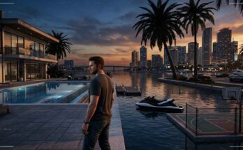 GTA 6 gameplay leak concept showing Jason near a waterfront house in Leonida