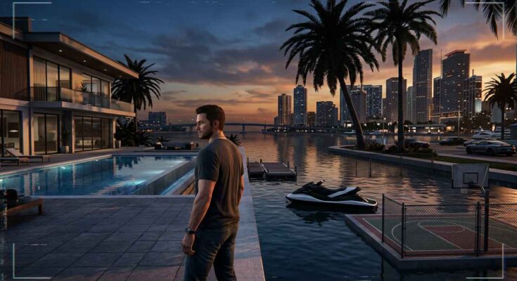 GTA 6 gameplay leak concept showing Jason near a waterfront house in Leonida