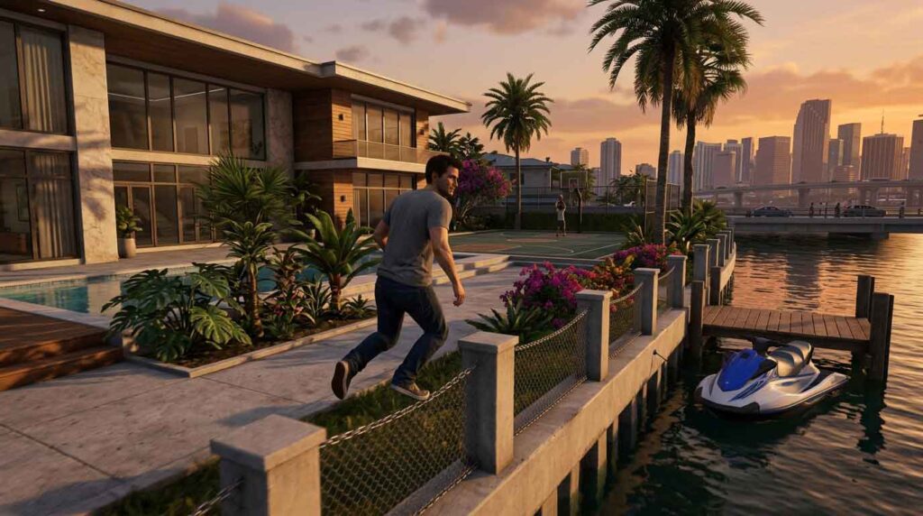 Jason-inspired GTA 6 character jumping a fence near a waterfront home