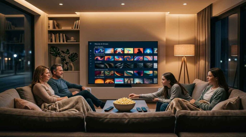 Family watching movies through a legal household streaming plan